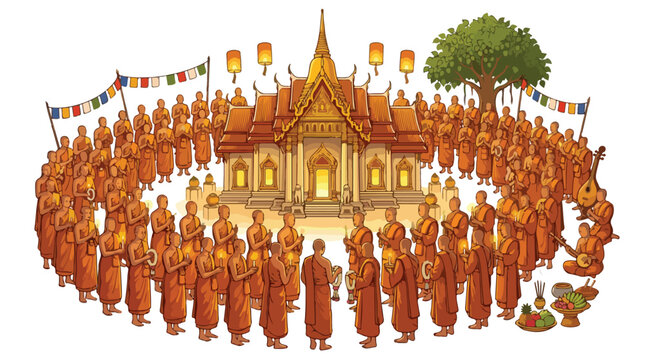 Many Buddhist monks gathering around a temple in a circular formation.