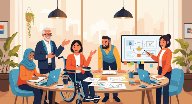 Team meeting with diverse professionals discussing project on digital board. Collaborative workspace with presentation tools and brainstorming session.