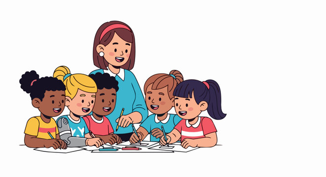 Illustrated children group activity with teacher and craft supplies on table. Colorful classroom scene featuring diverse kids collaborating. Concept educational activity for schools, daycare,