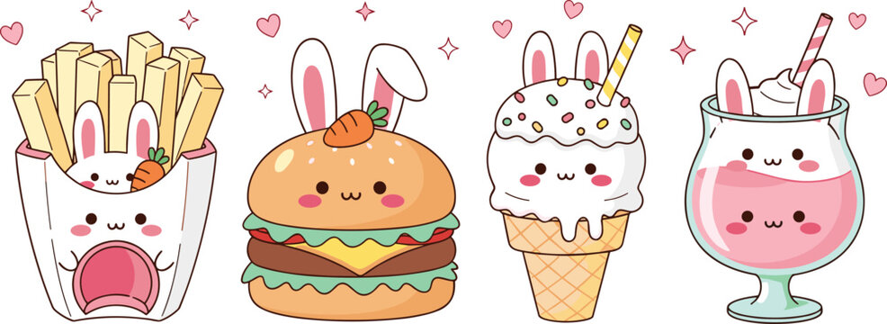 Cute Kawaii Bunny Ear Fast Food Characters Set with Fries Burger Ice Cream and Milkshake Vector Illustration