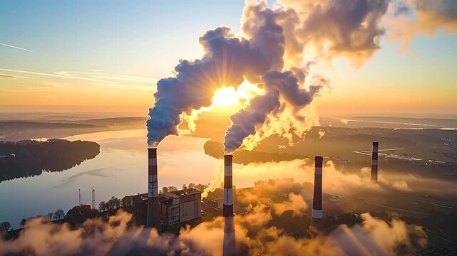 Industrial smokestacks emit plumes of smoke into the sky at sunrise over a body of water