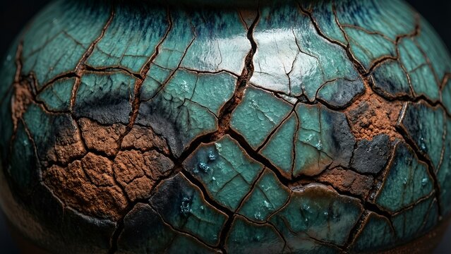 Extreme Macro of Ancient Japanese Raku Ceramic Glaze Crazing on Teal Pottery &mdash; Ceramics Art Texture Photography