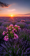 Fototapeta premium vibrant pink wildflowers in golden sunset over misty lavender field