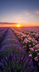 Obraz premium sunset over lavender field with railway tracks and golden light