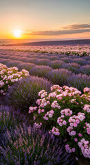 Fototapeta premium sunset over blooming lavender field with wildflowers in golden hour glow