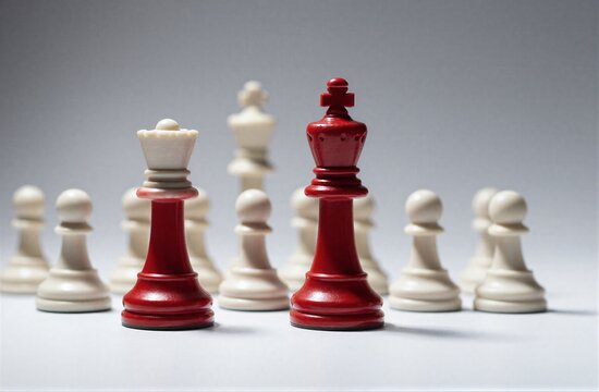 Red chess king stands alone commanding white pieces in a strategic