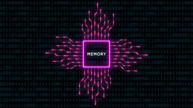 Digital memory chip processor with glowing neon circuitry and binary code background, for tech and, ai concepts