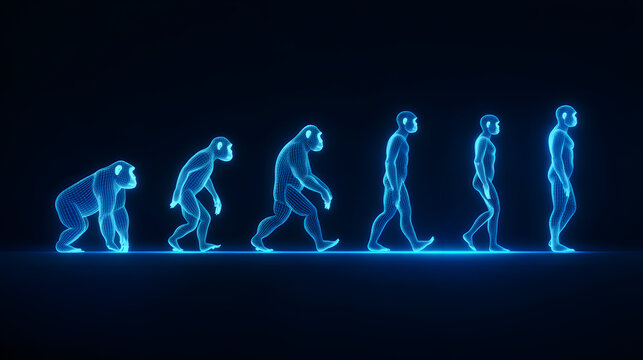 3d evolution of human progression from primate to modern man glowing blue neon
