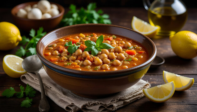 Rustic bowl of chickpea tomato stew with lemon wedges.