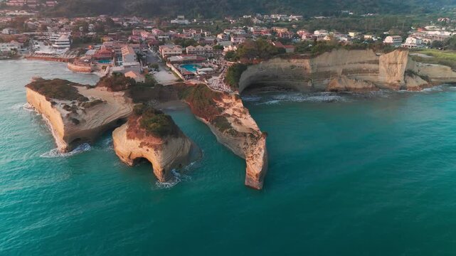 Boomerang Aerial Perspective of Kanali tou Erota Sandstone Cliffs and Clear Waters in Sidari Corfu