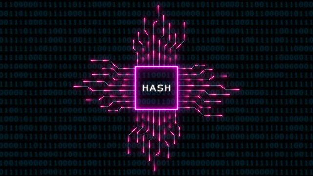Cryptographic hash function concept: glowing neon microchip processor with binary code data stream animation