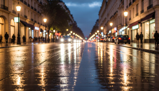 Rain soaked city boulevard at dusk with reflections.
