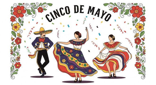 Cinco de Mayo celebration with dancing people in traditional Mexican attire and floral borders festive illustration for holiday design