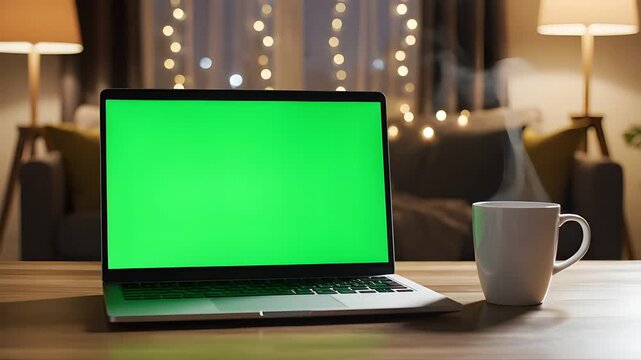 Laptop with a green screen and a coffee mug in a cozy living room setting