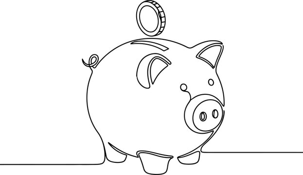 Continuous Line Drawing Piggy Bank with Coin. Concept of Saving, Investment, and Financial Growth.