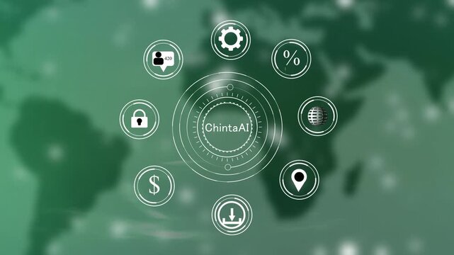 Digital network of representing AI and data processing with a blurred green map background and bokeh lights creating a technological atmosphere