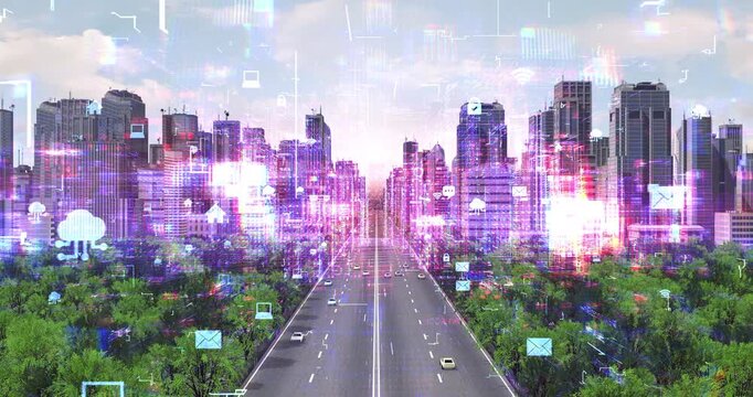 Futuristic smart city with digital wireframe effects and technology icons. Technology Related 3D Animation.