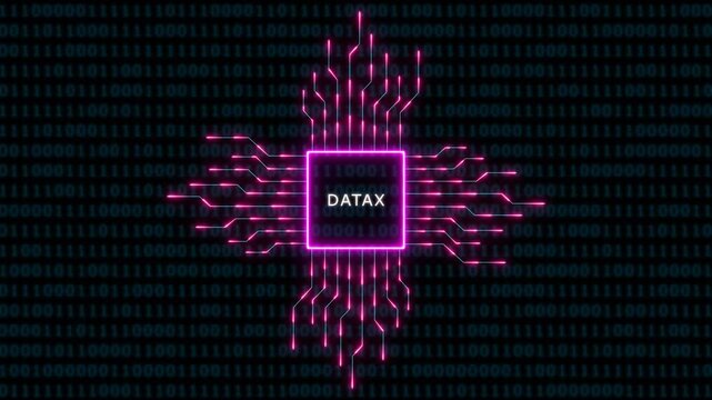 Digital cpu processor chip with glowing pink circuitry and binary code data stream background, for tech concepts