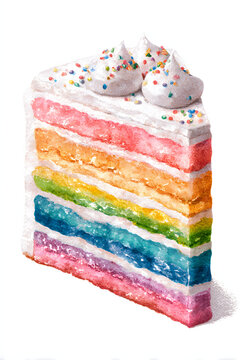 vibrant watercolor rainbow layer birthday cake slice with sprinkles