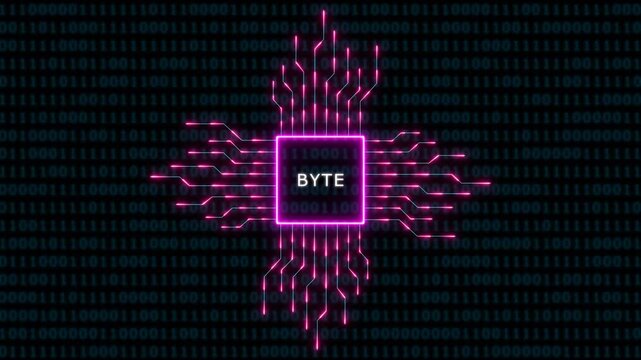 Neon digital byte processor chip with glowing circuitry and binary code background, for tech and, data concepts