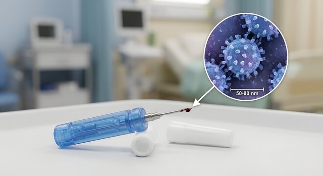 Close-up of a blood sugar lancet with an overlaid magnified image of hepatitis c virus, representing the link between diabetes and chronic hepatitis c