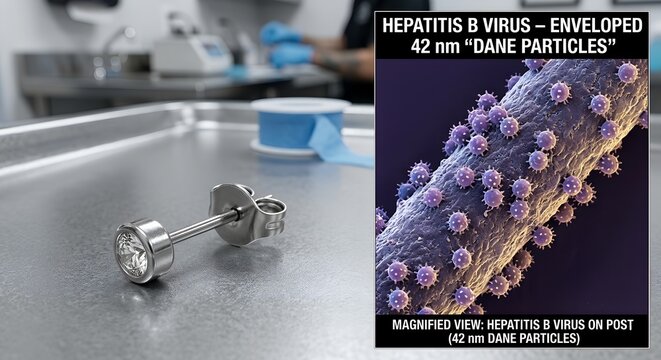 Magnified view of hepatitis b virus particles (dane particles) on a metallic earring post, representing infection risk and jewelry hygiene awareness