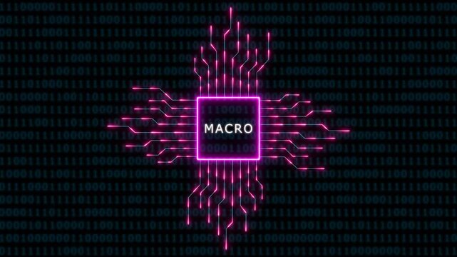 Digital macro processor chip with glowing neon circuitry and binary code background, for high-tech computing concepts