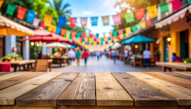 Wooden table with colorful street festival background.