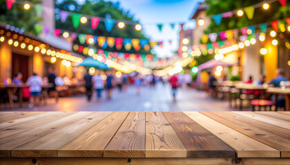 Empty wooden table with bokeh lights at outdoor street festival.