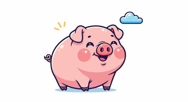 A happy, pink, cartoon pig smiles under a fluffy blue cloud