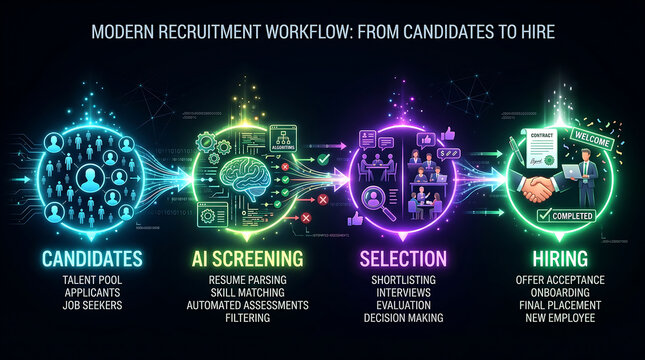 Modern recruitment workflow infographic candidates to hire process with ai screening