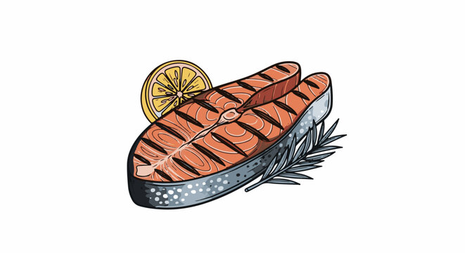 A grilled salmon steak with lemon and rosemary