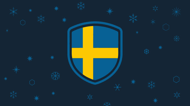Shield with Scandinavian cross emblem symbolizing Nordic heritage and winter resilience among falling snowflakes in a digital