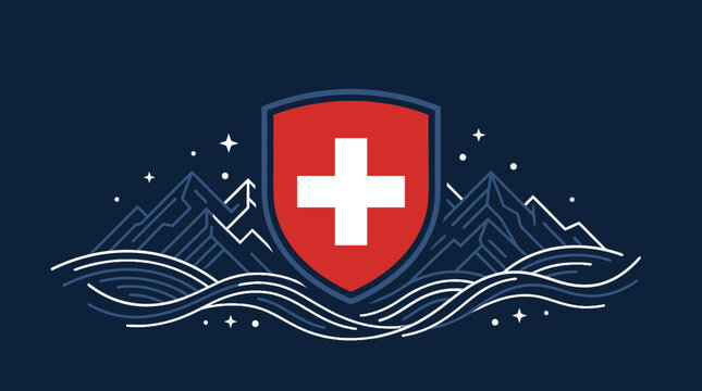 Protective Swiss Shield Emblem with Mountain and Water Elements on Dark Background