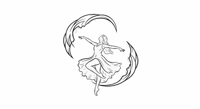 A graceful dancer in a flowing dress, twirling amidst crescent moon shapes