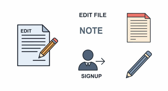 A graphic depicting editing a document, taking notes, and user signup