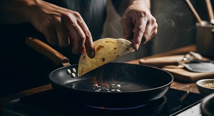 Fototapeta premium Chef heating a fresh flour tortilla in a hot frying pan with steam and fire