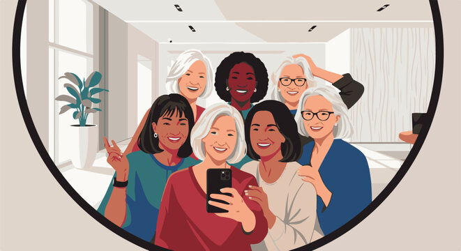 A diverse group of six smiling women take a selfie indoors, appearing joyful