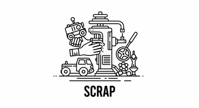 A hand feeds a toy robot into a crushing machine, with a truck nearby