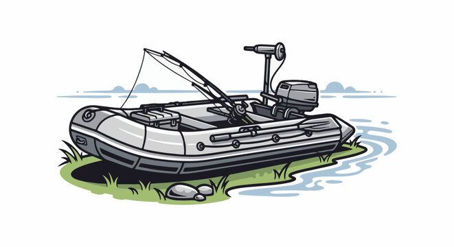 A gray inflatable boat with a fishing rod and motor rests near the water