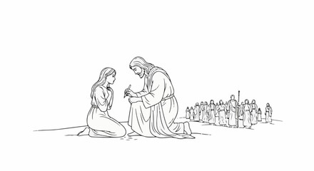 Obraz premium A figure, possibly Jesus, kneels to write as a girl kneels before him