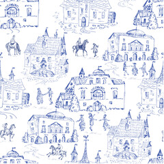 Obraz premium Women, men dancing, ancient castles, horseback riders, blue toile de Jouy pattern, gallant scenes.