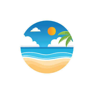 Tropical beach scene with palm tree.