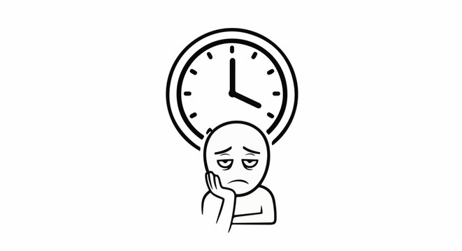 A drawn figure rests its head on its hand with a sad expression under a clock