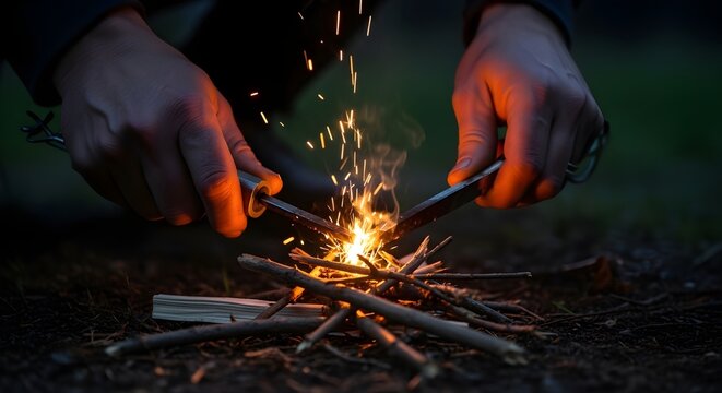 Closeup of hands using a ferro rod and striker to ignite a small campfire