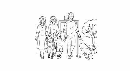 Fototapeta premium A family walks out of a doorway with their dog on a leash