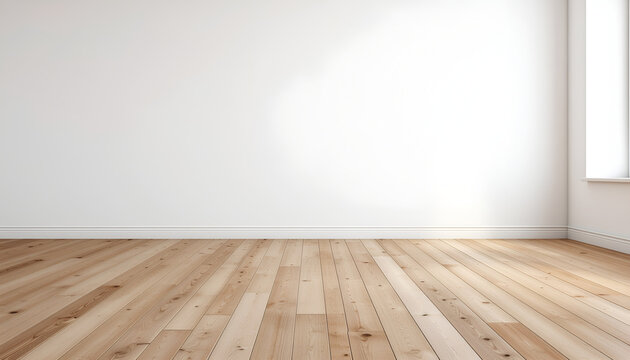 Bright empty room with white wall and wooden floor.