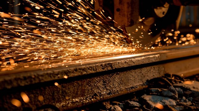 A railway track rail head grinding maintenance operation.