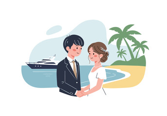Fototapeta premium Cute Beach Wedding Concept with Cartoon Couple and Ocean View