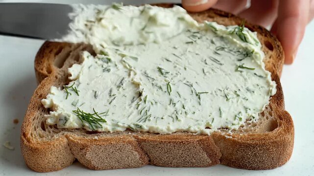 Spreading Cream Cheese with Fresh Dill onto Toasted Sourdough Bread